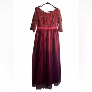 Ibtom Castle Dress Women's Medium Maroon Gown Lace Top Pleated Bottom desginer
